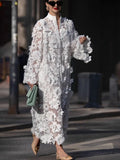 Women's Clothing Hollow Three-Dimensional Flowers Solid Color Collar Long-Sleeved Dress Loose Fashion