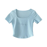 Zingj Letter Embroidered Slim Bottom Shirt Square Collar Low Breast Collarbone Short-Sleeve T-Shirt Midcrop High Waist