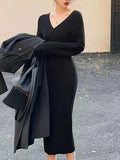 Winter Elegant Bodycon Sweater Dress Women V Neck Slim Knitted Pencil Long Dress Vestidos Robe