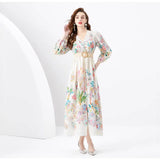 Court Dress Female Sweet Lace Lace V-Neck Buckle Long Design Print