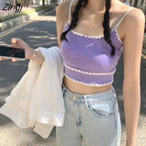 Women Spaghetti Strap Sweet Off-shoulder Sweet Knitted Tanks Womens Korean Style Elastic Slim Chic Ins Trendy Tops