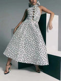 2025 Dress Women's Summer New Fashion Hanging Neck To Close The Waist High-End Sleeveless Wave Point Mid-Long