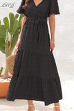 Maxi Dress Women Elegant Jacquard Sundress Female Boho Beach Green Long Dress Loose Retro Short Sleeve