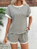 Women's 2025 Summer New Fashion Striped Short Sleeves Suit Sports Shorts
