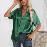 Summer Short Sleeve Shirt Solid Satin Silk Shirt Button Up Blouse Loose Office Ladies Tops Casual Shirts Elegant