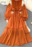 Vintage Women Hollow Out Long Dress Elegant Ruffle O-Neck High Waist A-Line Big Swing Party Vestidos Female New
