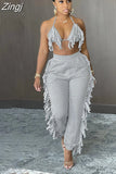Y2K Tassel Women's Two Piece Sets Summer Halter Backless Crop Top And Pants Matching Sets Solid Slim Casual