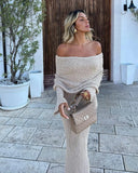 Knit Off-Shoulder Long Sleeve Maxi Dress-Outfit