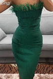 Fur Feather Patchwork Sexy Women Knee Length Dress 2023 Strapless Off Shoulder Party Elegant OL Pencil Dress