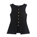 New Women's Uniform Pure Color Round Collar Single Buckle Sleeveless Simple Knitted Vest