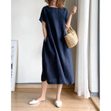 New Leisure Spring And Summer Loose Skirt Short Sleeve Round Neck Solid Cotton Linen