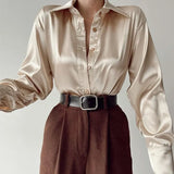 Satin Shirts Women Fashion Tops 2023 Spring Solid Long Sleeve Blouses Vintage Purple Casual Loose Buttons Clothes
