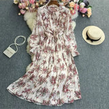 And Autumn Gentle Wind Korean Version Of Sweet Round Collar Lote Side To Receive Waist Thin A Word Broken Flower Chiffon Dress