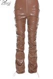 Faux PU Leather Pleated High Waist Black Stacked Pant Women Slim Hipster Street Style Long Trousers Hot Sale Trend
