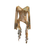 Shooting Ribbon Mesh Yarn Leaf Side Retro Print V Collar Horn Sleeve Top Spring And Summer Short Repair T-Shirt
