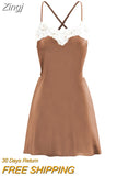 Women Sexy Lace Trim Slip Dress Satin Low Cut Spaghetti Strap Sleeveless Open Back Cami Mini Dress Party