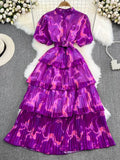 Women Vintage Tie Dye Printed Ruffle Pleated Long Dress Purple/Red/Blue/Green Stand Collar Single Breasted Maxi Robe