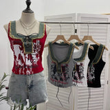 Shooting Hottie Hairy Denim Spliced Printed Vest With Bows Short Sleeveless Top