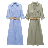 Spring Dress With Belt Blended Shirt