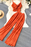Women Pleated Two Piece Set Sexy Female Criss Cross Twist Strap Tops + High Waist Draped Pants Beach Suits Vacation
