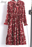 Women Floral Chiffon Dress Autumn Winter Long Sleeve Elastic Waist Bow Collar Casual Elegant Party Office Dresses
