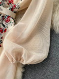 White/Beige Beading Embroidered Long Dress For Women Elegant O-Neck Puff Sleeve High Waist Elegant Party Robe New