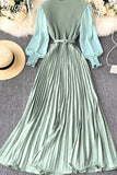 Women Pleated Long Dress Female Elegant Lantern Long Sleeve High Waist Red/Purple Draped Maxi Vestidos Spring Autumn
