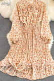 Women Floral Pleated Dress Elegant Bow Collar Flare Long Sleeve High Waist A-Line Ruffle Draped Vestidos Female Robe