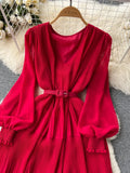 Women Draped Long Dress Vintage V-Neck Lantern Sleeve High Waist A-Line Pleated Maxi Vestidos Purple/Red/Blue Robe
