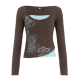 Printing Color And Fake Two-Piece T-Shirt Girl 2025 Autumn Ins Bottom New