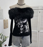Real Shot Of The Long-Sleeved Long-Sleeved Shoulder-Clothed T-Shirt And Sweet And Spicy Niche Short Thin Velvet Bottom