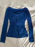 Solid Color U Neck Breasted Slim Long Sleeve Knit-Outfit