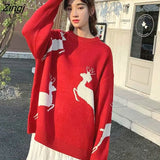 Women Christmas Warm Knitted Long Sleeve Autumn New Pullovers Couple Chic Patchwork O-Neck College Japanese Style