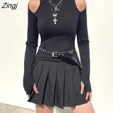 Women Fall Slim-Fit T-Shirt Solid Color Mock-Neck Hollow-Out Shoulder Long Sleeve Pullover Tops for Girls
