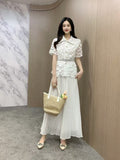 French-Style Suit Women's Fashion Collar Short-Sleeved Waist Top + High-Waisted 100-Folded Skirt Two-Set