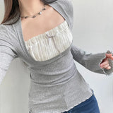 Patchwork Pleat Fungus He Long Sleeve Tee-Outfit