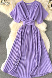 Women Purple/Red/Green Bandage Pleated Midi Dress Female Vintage V-Neck Short Sleeve High Waist A-Line Draped