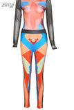 Colorful Print Casual Two Piece Sets Women Mesh Patchwork Skinny Sporty Bodysuits Top+High Waist Leggings
