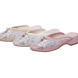 Zingj Plus Size Slippers Women's Summer Low Slope Heel Platform Sandals Embroidery Flower Women's Sandals Slippers Pointed Fashion Nail