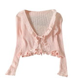 Ruffles Cardigan Slim Women Casual Transparent Sweater Shirts Lady Thin Solid Coats Female Crop