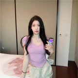 Chic Thai Design V-Neck Shoulder Short Sleeve T-Shirt Women's Curved Under The Hem To Slim Short