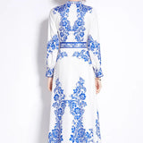 Retro Elegant Print Dress Women's Spring New French Court Style Waist Single Buckle Long