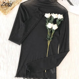Women Summer Fashion Slim Pile Collar Simple Solid Stretchy Long Sleeve Tops Korean Style All-match Edible Tree