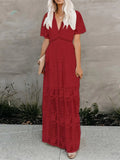 Dress Women Summer Ladies Casual Loose Embroidery Lace Long Dress Female V Neck Short Sleeves Beach Dress Vacation
