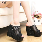 Net yarn High heels Women Wedges Sandals tongs slippers Platform Female Lace Increase mujer Shoes feminina