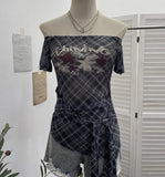 Y2k Single-Layer Mesh Yarn Printed Short-Sleeved T-Shirt Design With A Word Strap To The Shoulder
