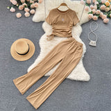 Zingj Female Pleated Drawstring With Short-Sleeved Top Pendant Wide-Leg Pants Two-Piece