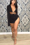 Summer Casual Women Two Piece Skirts Sets Long Sleeve Lace Up Tops+Side Slit Mini Skirts Sexy Lady Beach Outfits