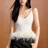 Temperament Sexy Blouse 2025 Autumn/Winter New V-Neck Splicing Knitted Feathers Slimming Sling Vest Female