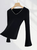 Zingj Temperament Commuter Black V Neck Nail Bead Sweater Women's New Early Spring Horn Sleeve Slim Long Sleeve